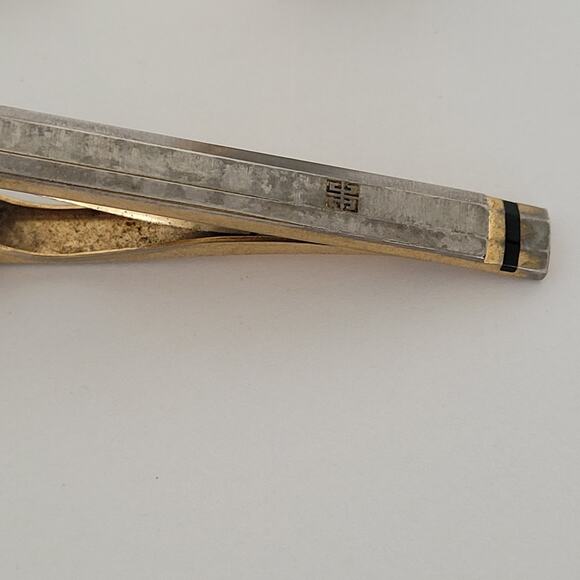 Givenchy G French Tie Bar Clip Cufflinks Set Gold Silver Tone Logo Geometric - Picture 2 of 15